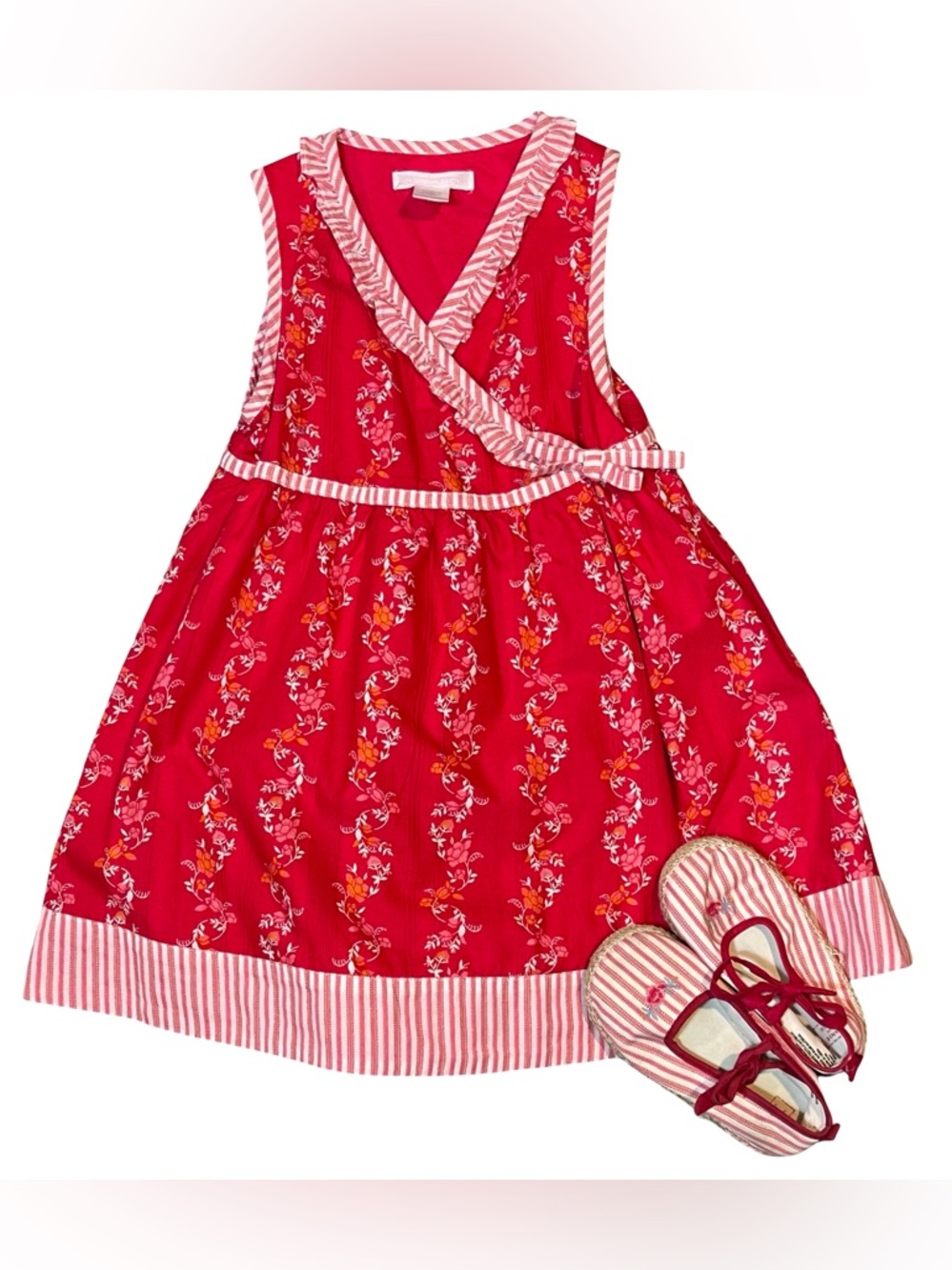 Janie and Jack French Country Girls Red Floral Wrap Dress with Striped Trim 2T